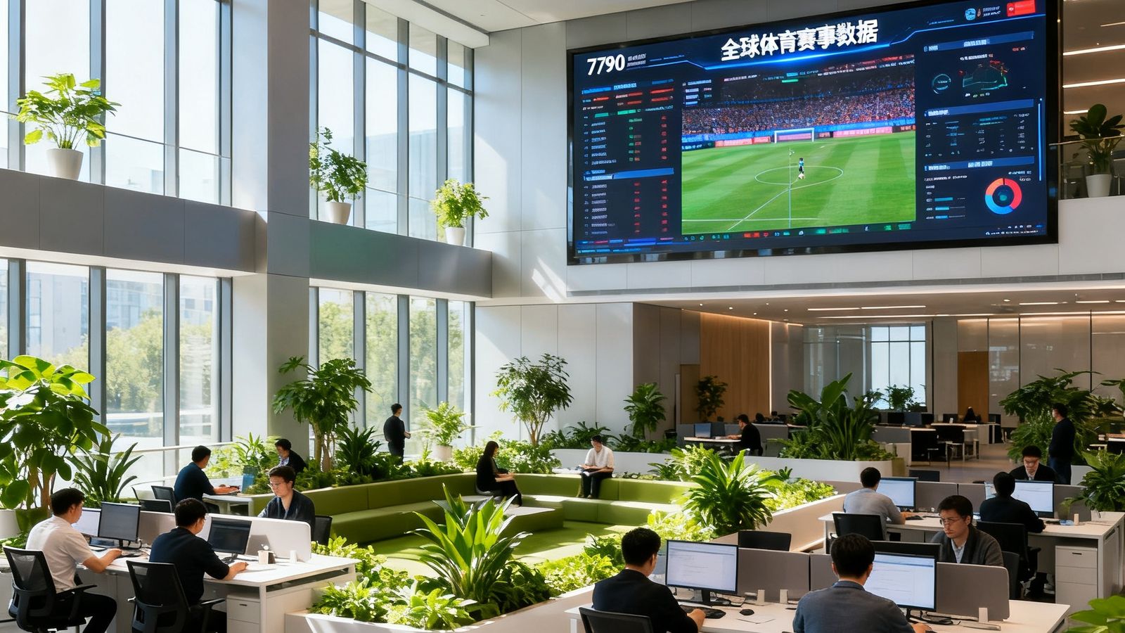 7790必发集团北京总部开放式办公区全景，数十位员工在现代化办公环境中专注工作，墙上悬挂着大型屏幕实时显示全球体育赛事数据，阳光透过落地窗洒在绿植环绕的协作区域