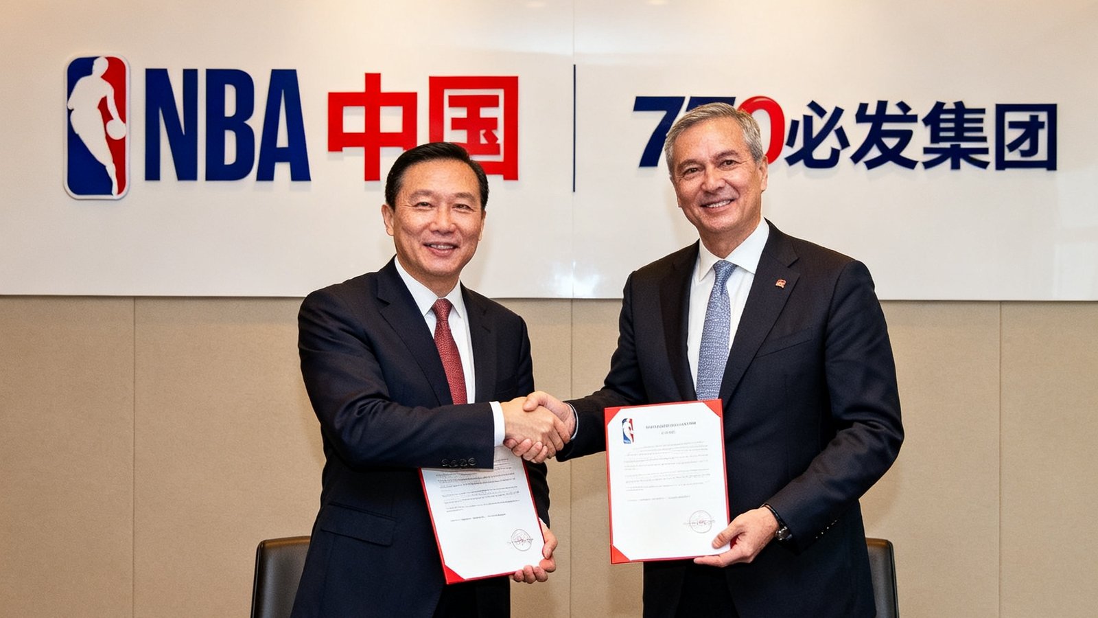 NBA中国与7790必发集团签约仪式现场照片，双方代表在深色长桌前握手并展示签署的合作协议文件，背景是双方品牌logo并列展示墙