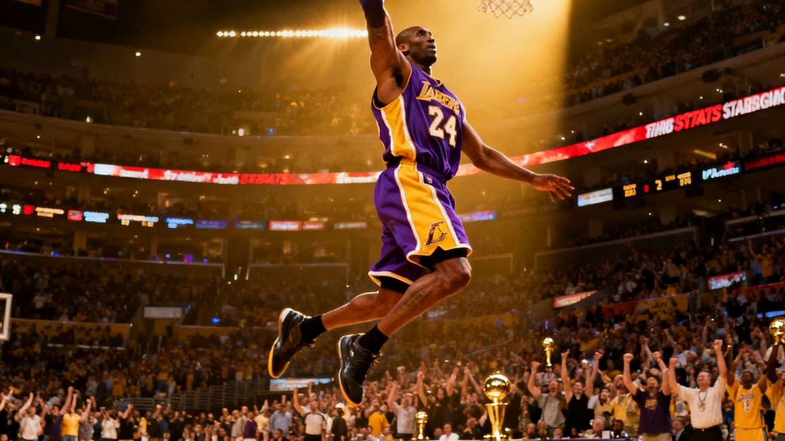 NBA传奇球星科比·布莱恩特在2008年总决赛中的经典扣篮画面，身着紫金球衣飞身跃起，斯台普斯中心万人欢呼，聚光灯聚焦于空中姿态