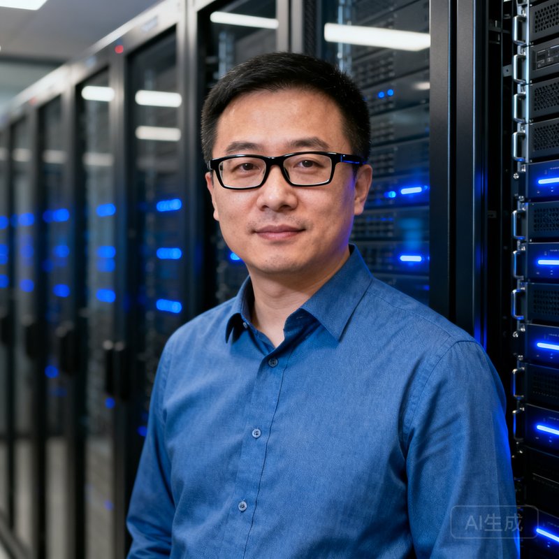 7790必发集团联合创始人兼CTO李明远先生的半身照，戴着黑框眼镜，身着蓝色衬衫，站在集团服务器机房前，背景是整齐排列的机柜与蓝色指示灯