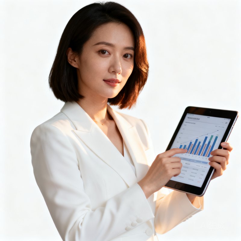 7790必发集团首席内容官王思婷女士的专业形象照，齐肩短发，身着白色职业装，手持平板电脑展示内容数据看板，气质知性干练