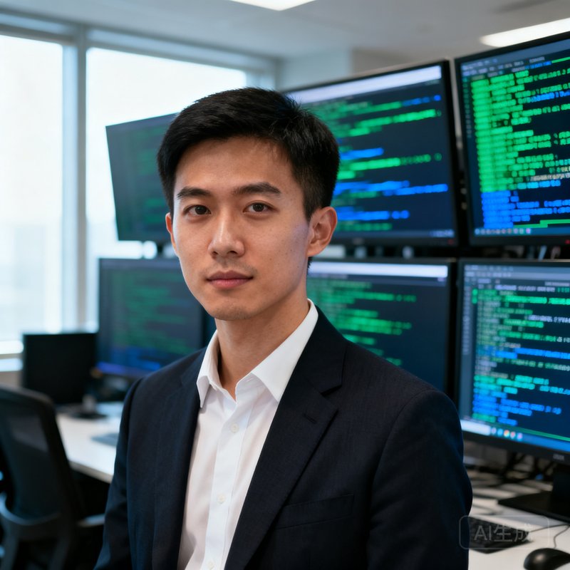 7790必发集团技术副总裁陈志豪先生的肖像照，年轻干练的科技精英形象，背景是开放式代码工作区，多台显示器上滚动着实时数据流